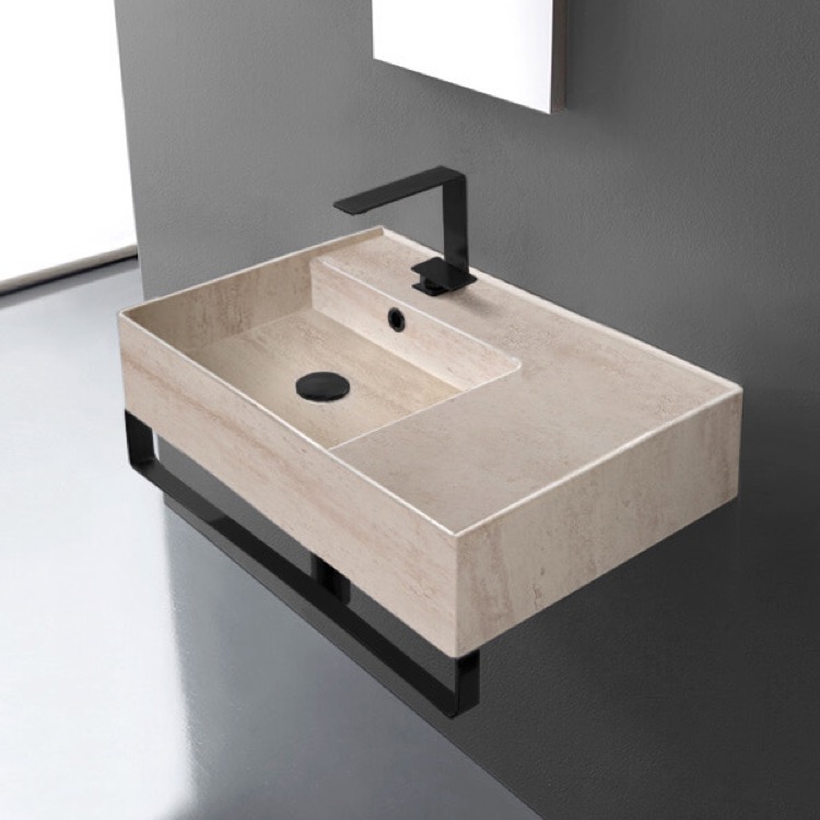 Scarabeo 5114-E-TB-BLK Beige Travertine Design Ceramic Wall Mounted Sink With Matte Black Towel Bar